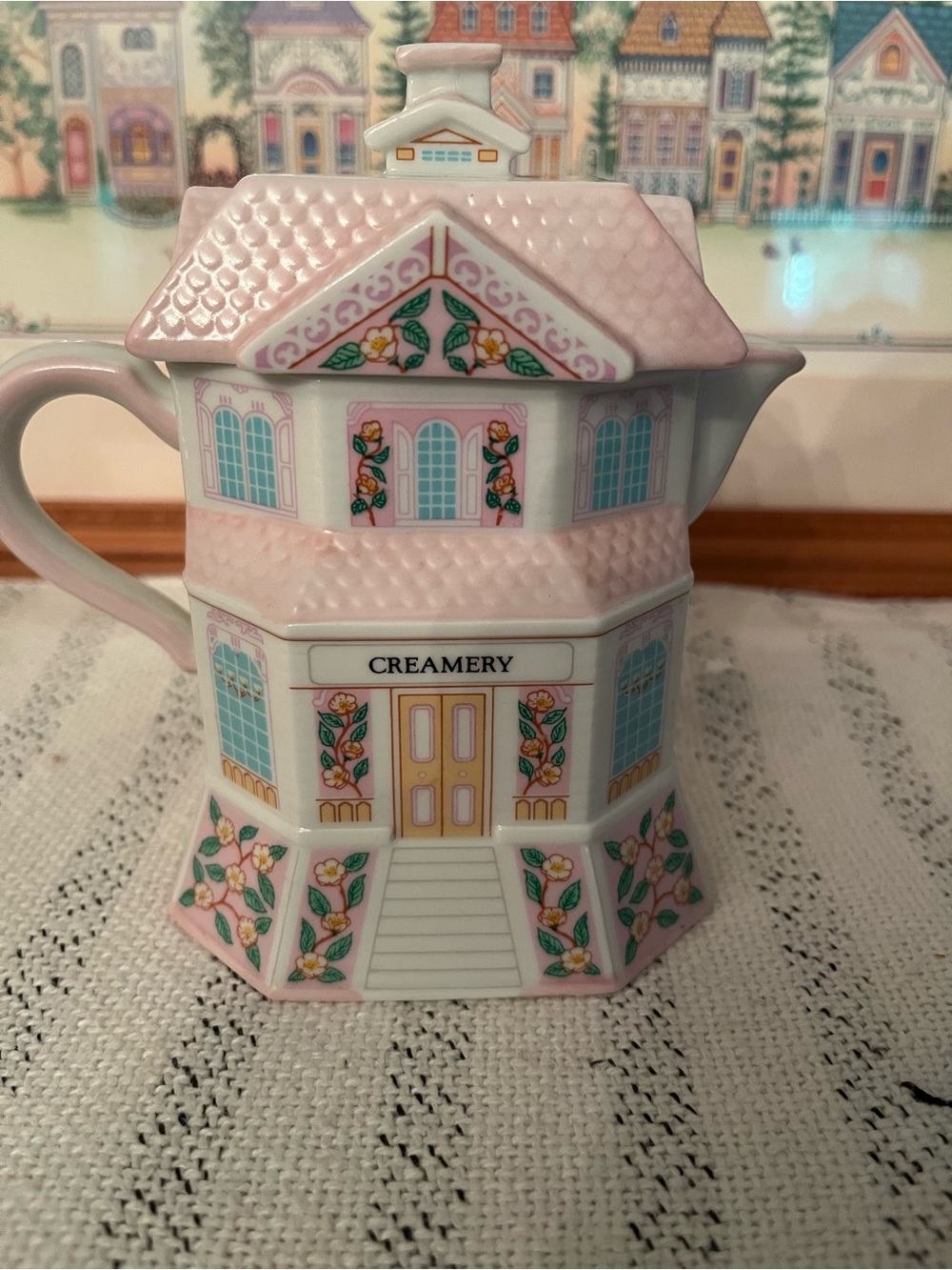 LENOX Village Porcelain Creamer Jar with Lid - Pink & White, Vintage 1990s